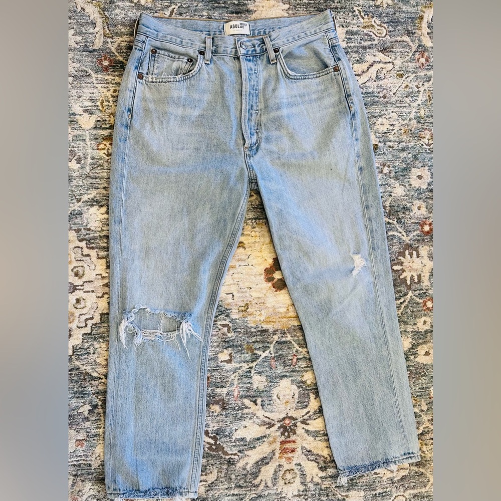 Agolde Riley High Rise Straight Leg Cropped Jeans Distressed Light Wash 29